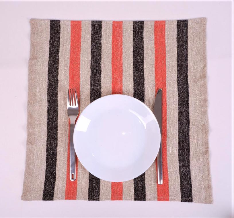 Natur - black red - striped linen napkin - French stripes