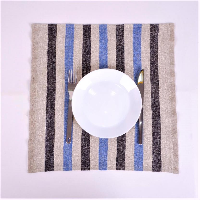 Natur - black blue - striped linen napkin - French stripes