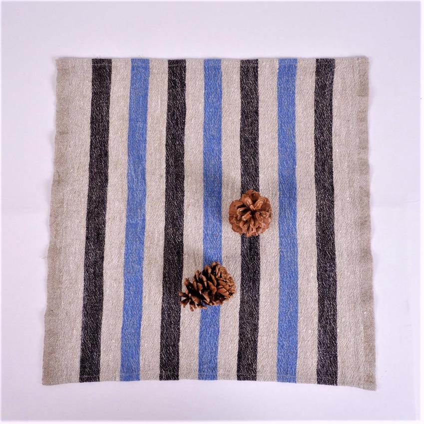 Natur - black blue - striped linen napkin - French stripes