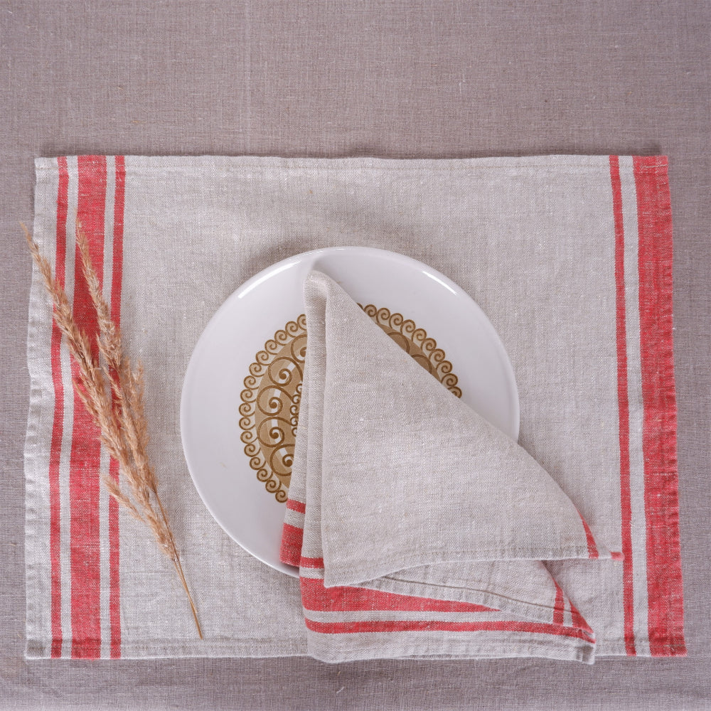 Natur - red striped - linen napkin - Red Edges