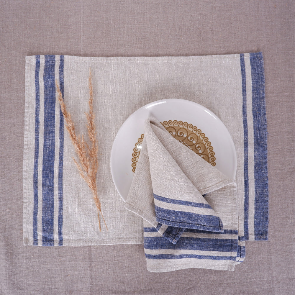 Natur - Navy blue striped - linen napkin - Navy Edges