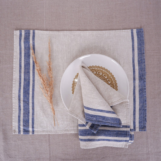 Natur - Navy blue striped - linen napkin - Navy Edges