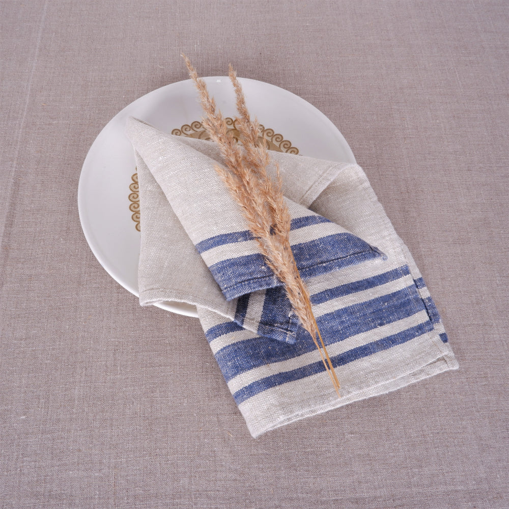 Natur - Navy blue striped - linen napkin - Navy Edges