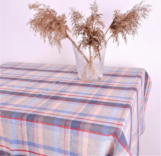 Linen tablecloth in grey - blue - pink checks