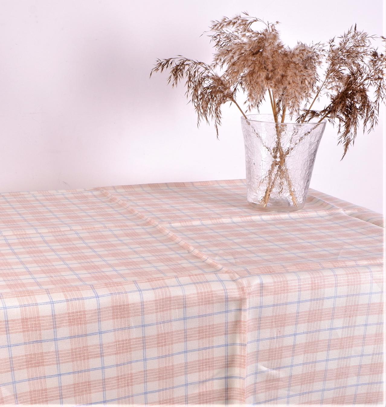Offwhite linen tablecloth in blue-brown checks