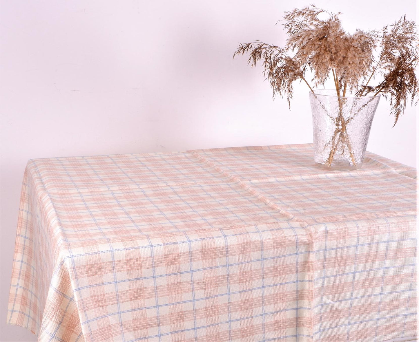 Offwhite linen tablecloth in blue-brown checks