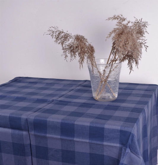 Blue gingham linen tablecloth