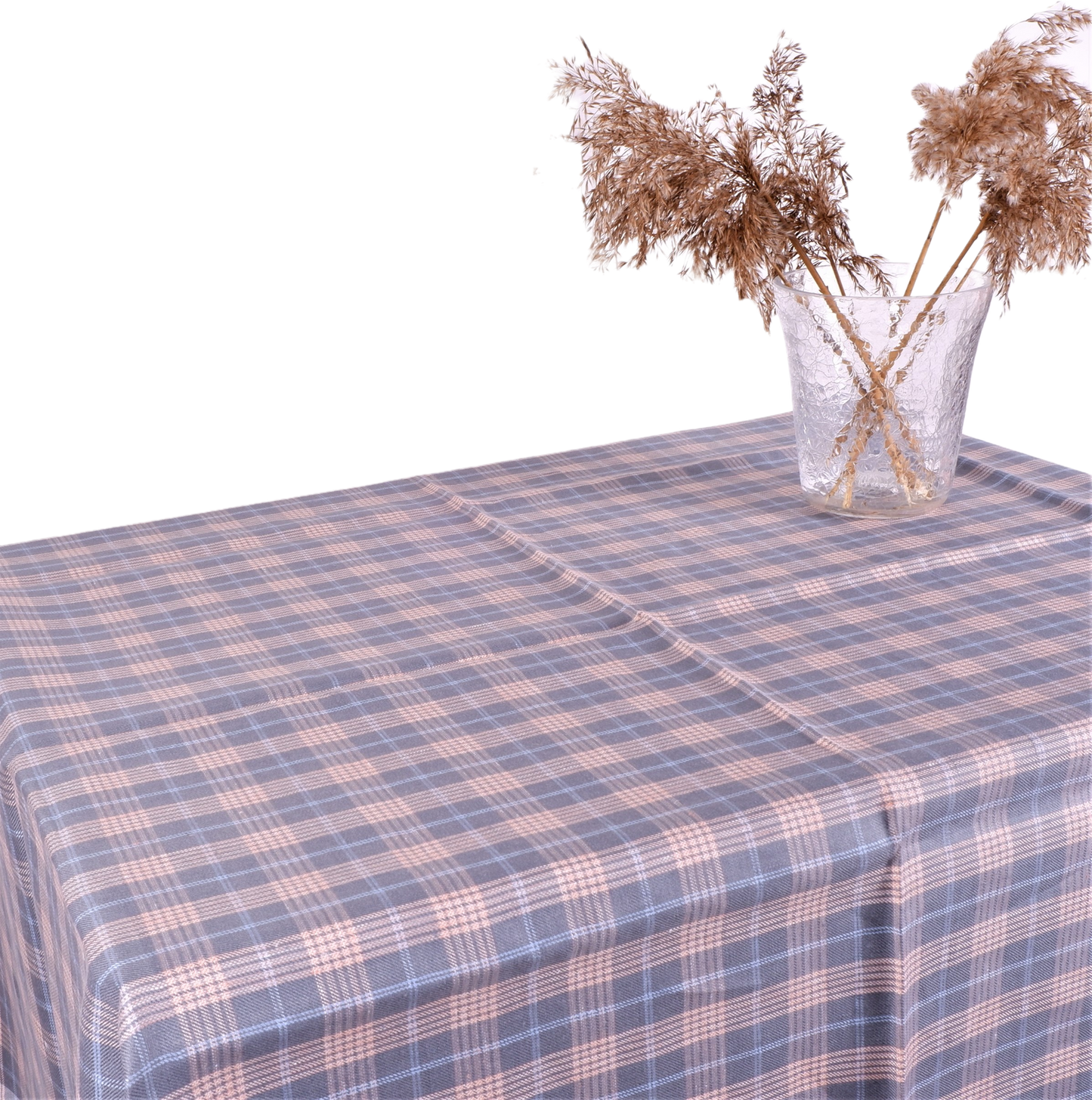 grey linen tablecloth in blue-pink checks