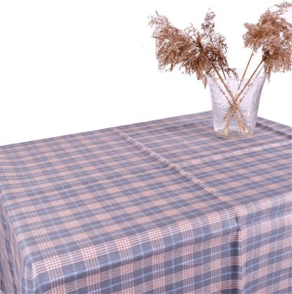 grey linen tablecloth in blue-pink checks