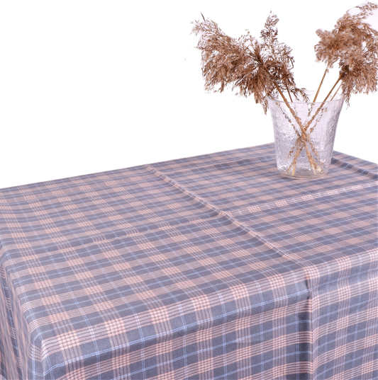 grey linen tablecloth in blue-pink checks