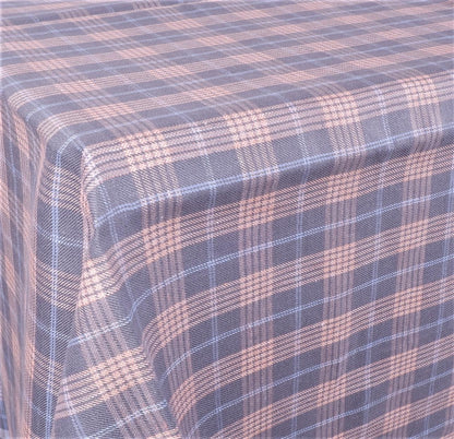grey linen tablecloth in blue-pink checks