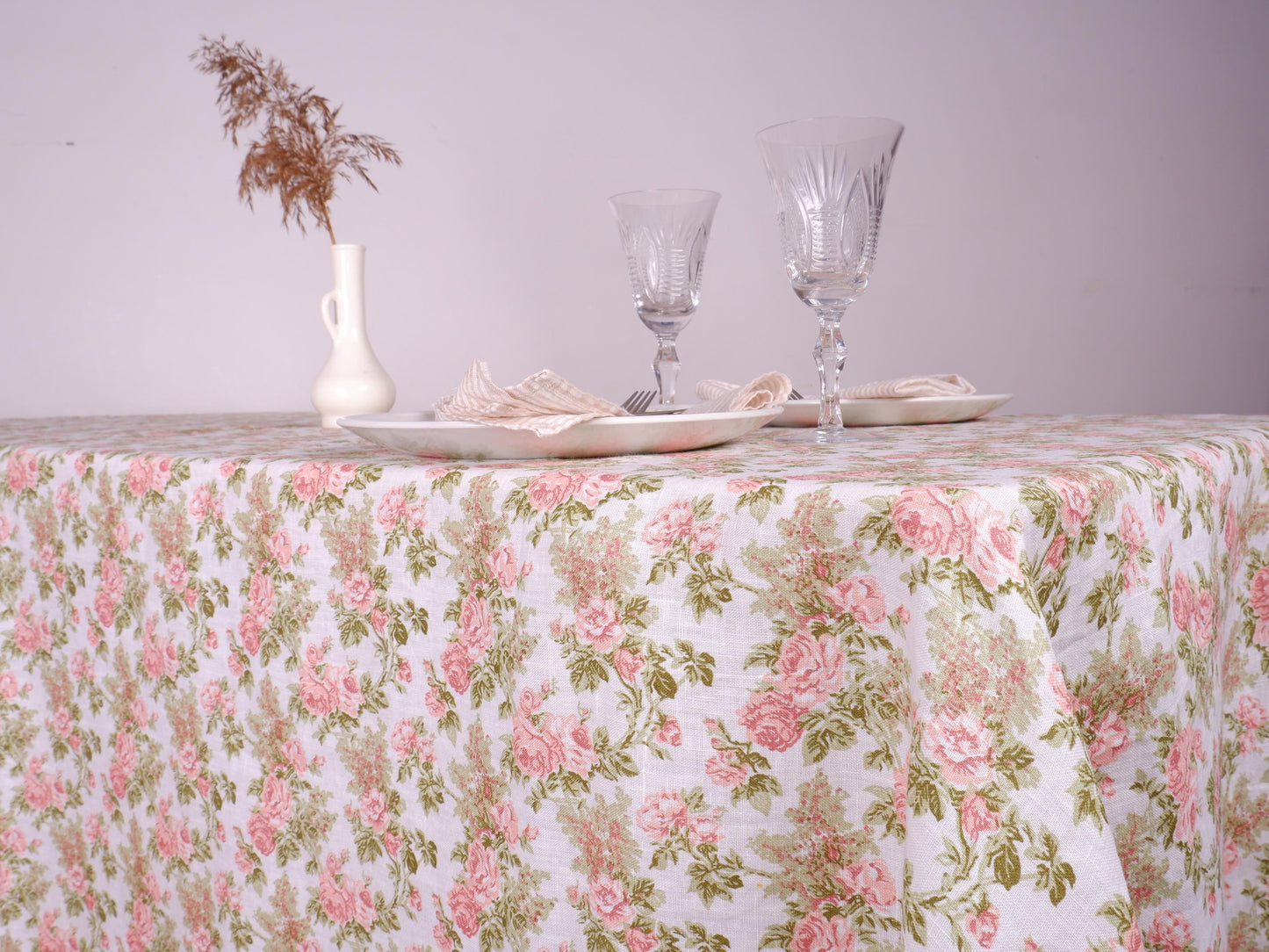 White linen tablecloth with printed flowers