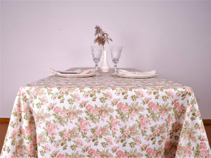 White linen tablecloth with printed flowers