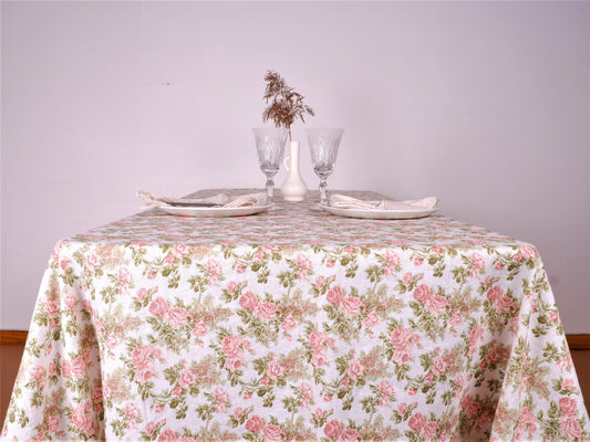White linen tablecloth with printed flowers