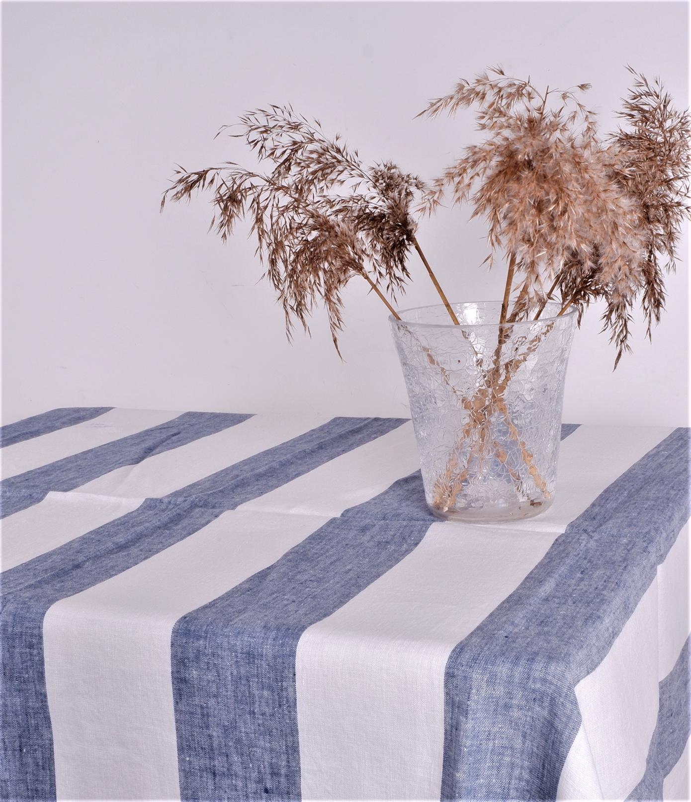 White linen tablecloth  with blue stripes