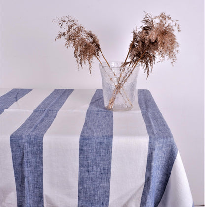 White linen tablecloth  with blue stripes