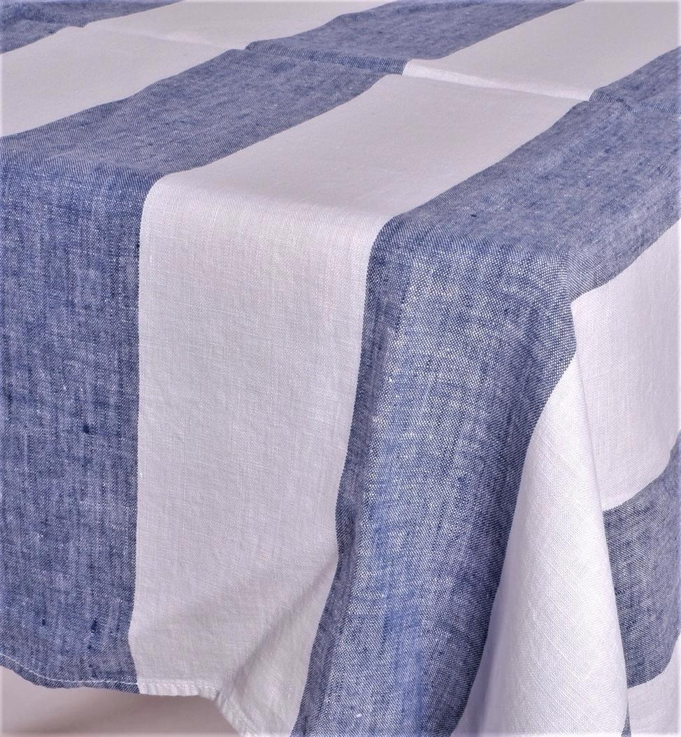 White linen tablecloth  with blue stripes