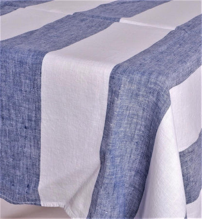 White linen tablecloth  with blue stripes