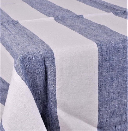 White linen tablecloth  with blue stripes