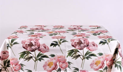 Coated linen tablecloth with printed flowers on white
