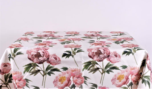 Coated linen tablecloth with printed flowers on white