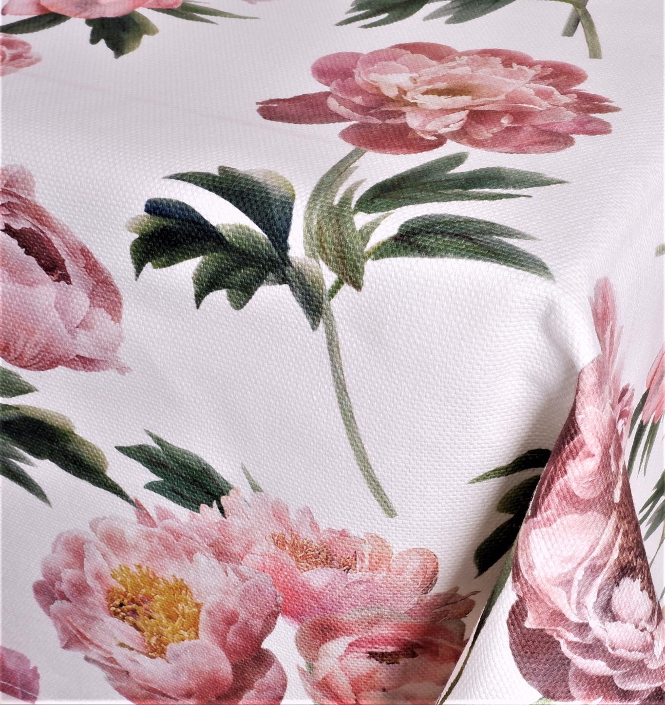 Coated linen tablecloth with printed flowers on white