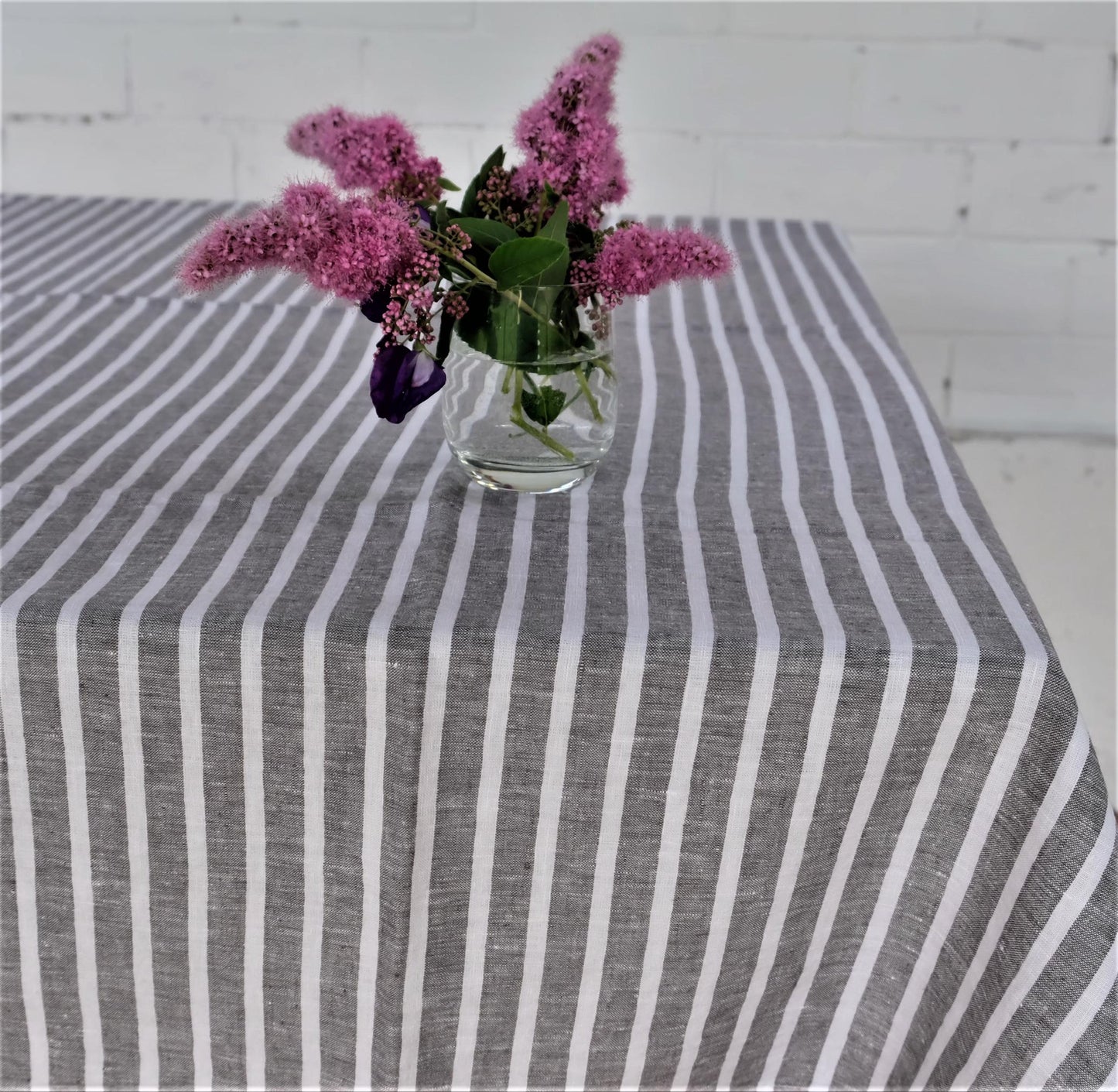 Linen tablecloth with grey - white stripes