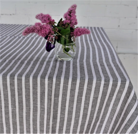 Linen tablecloth with grey - white stripes