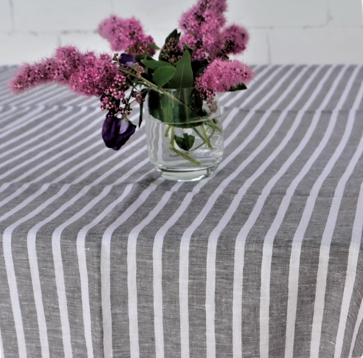 Linen tablecloth with grey - white stripes