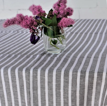 Linen tablecloth with grey - white stripes