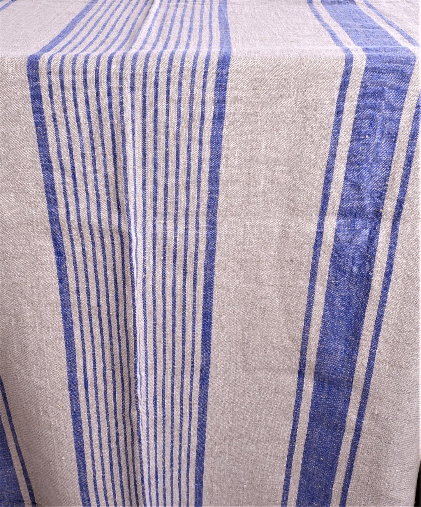 Natural linen tablecloth with blue stripes - village blue stripes tablecloth