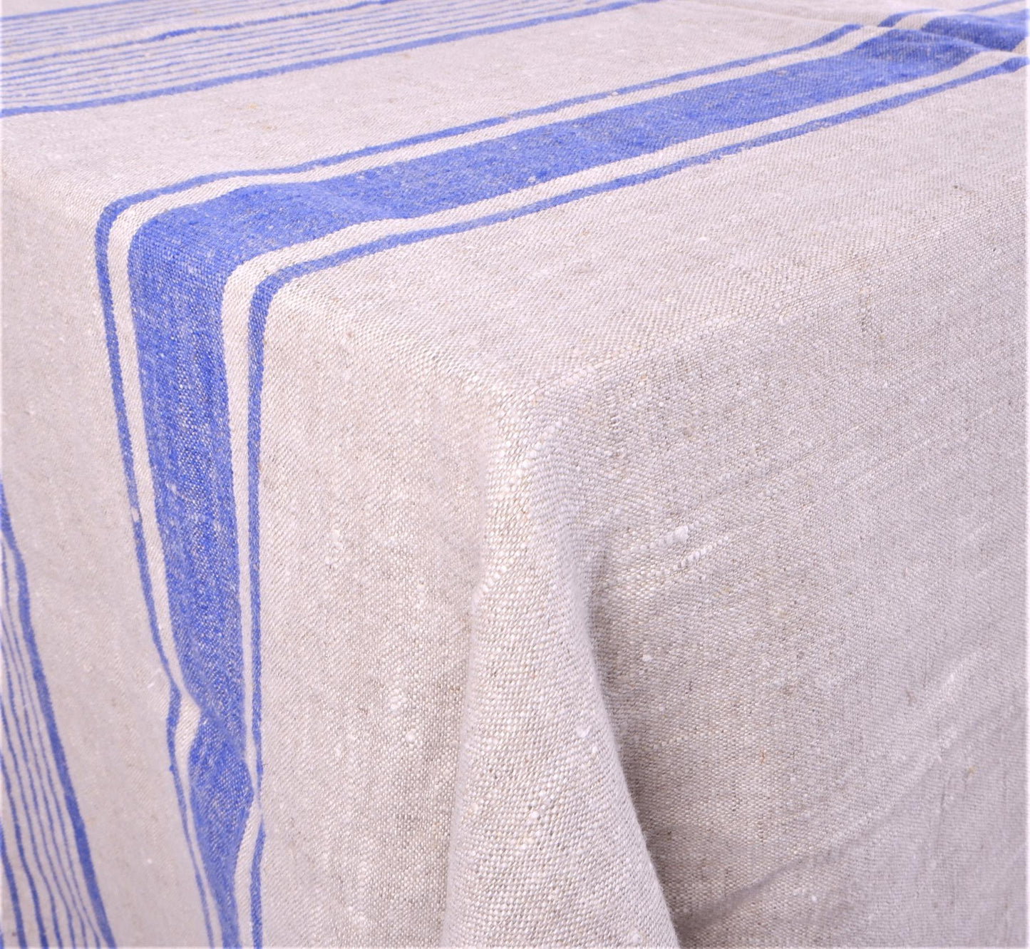 Natural linen tablecloth with blue stripes - village blue stripes tablecloth