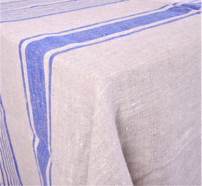 Natural linen tablecloth with blue stripes - village blue stripes tablecloth