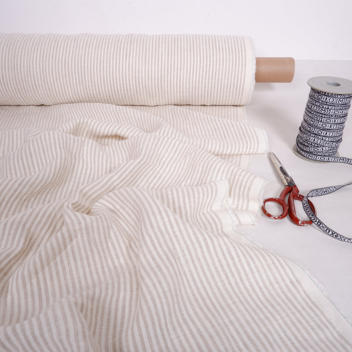 White natur striped linen fabric - 557M