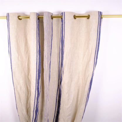BLACKOUT  - Natural linen curtains Village blue stripes
