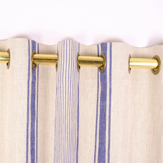 BLACKOUT  - Natural linen curtains Village blue stripes