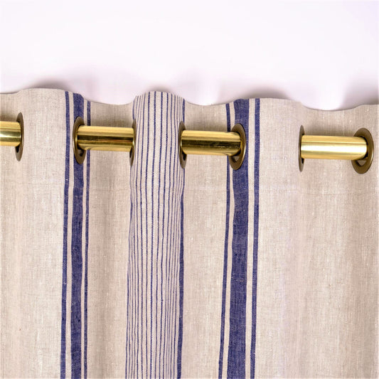 Natural linen curtains Village  - navy blue stripes - blackout