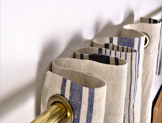 Natural linen curtains Village  - navy blue stripes - blackout