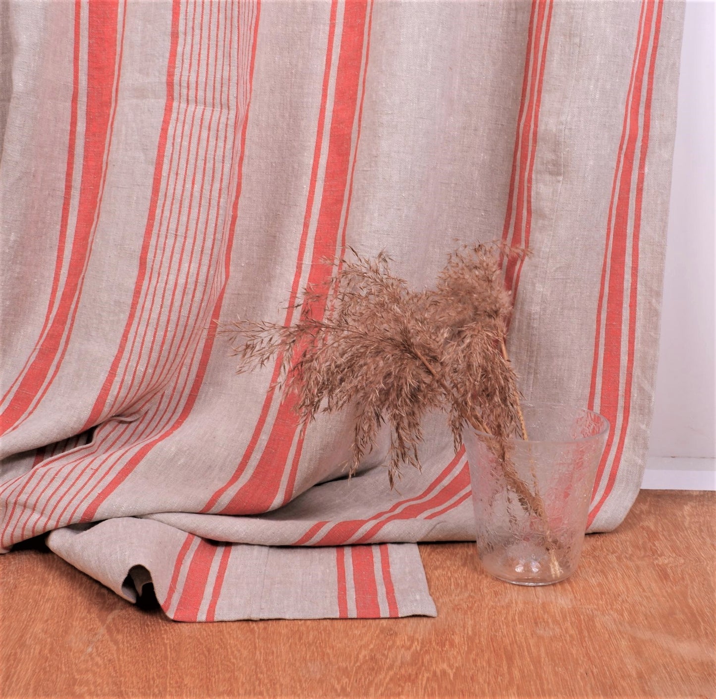 Natural linen curtains Village red stripes - blackout