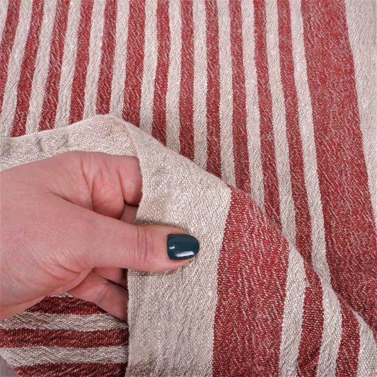 Natur - red wine stripes - sack weave - linen fabric - Provence - 044A