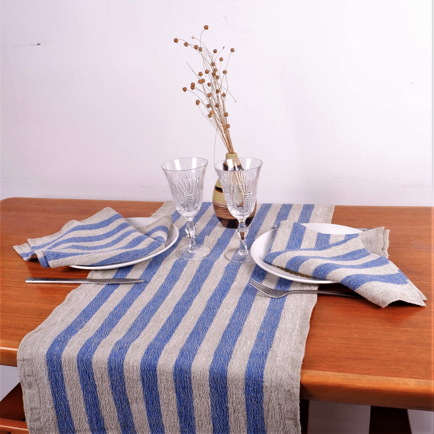 French - Blue stripes  - linen table runner