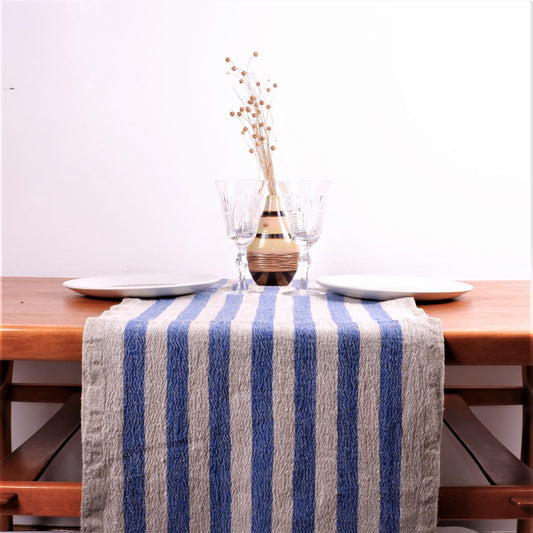 French - Blue stripes  - linen table runner
