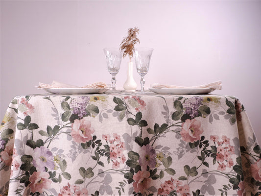 Floral ecru linen tablecloth