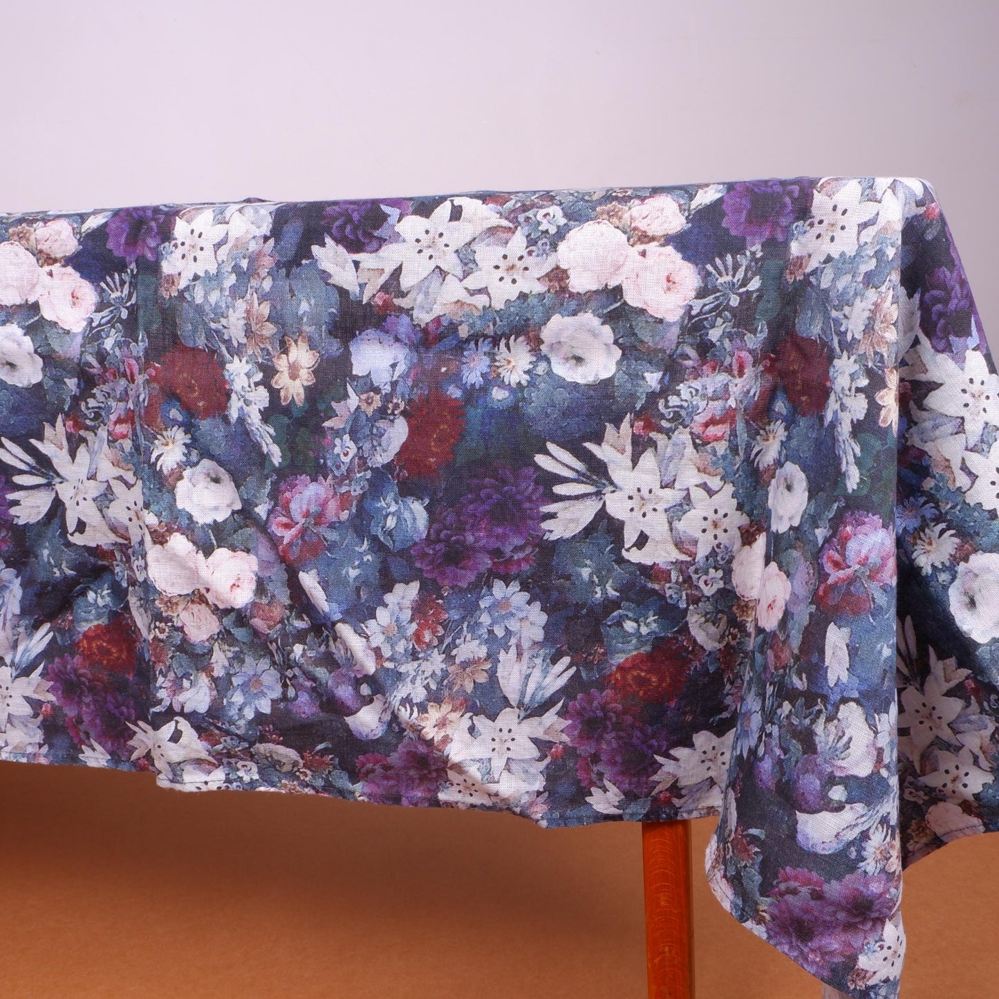 Dark floral linen tablecloth