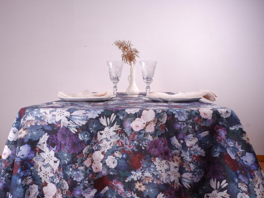 Dark floral linen tablecloth