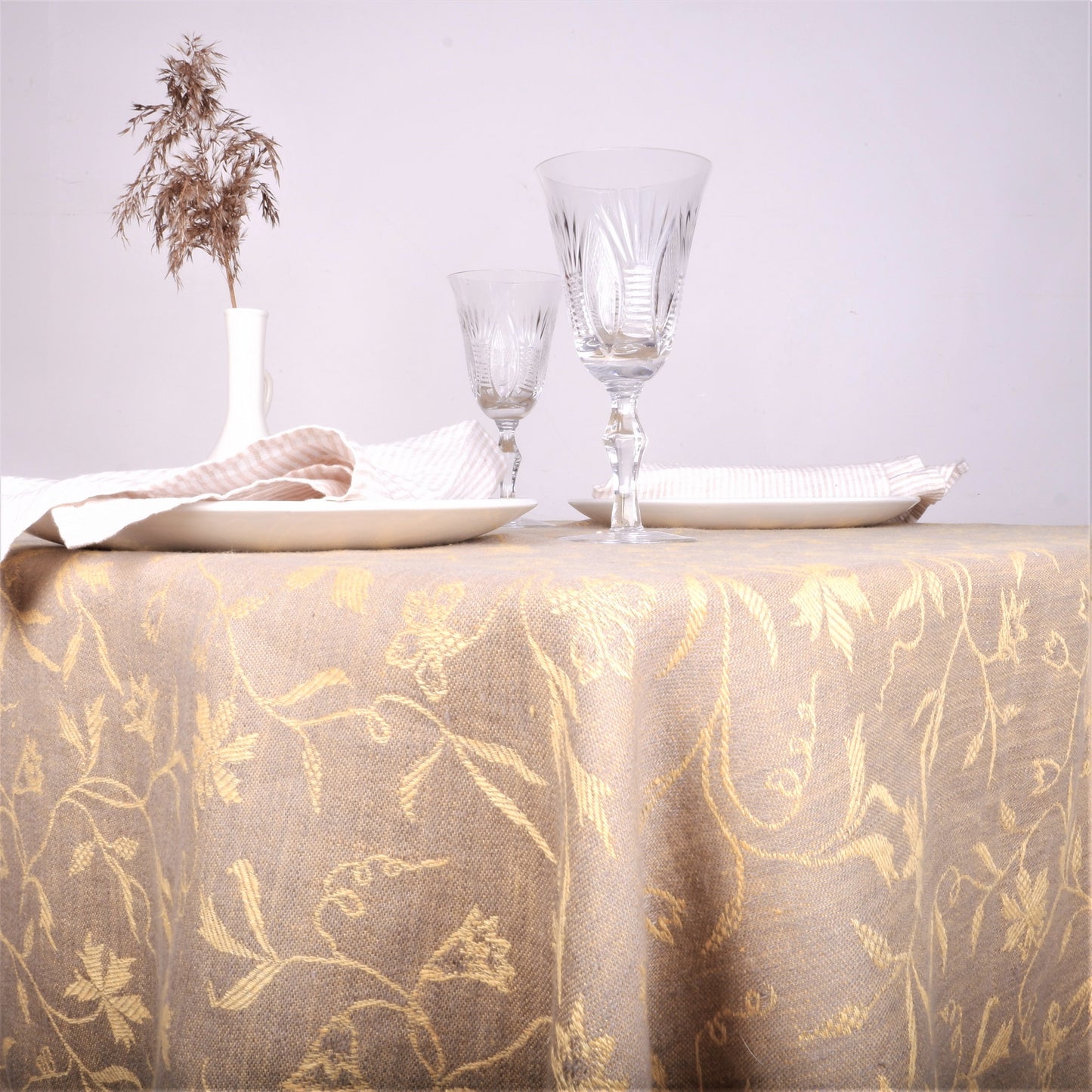 Grey - yellow - floral - linen tablecloth