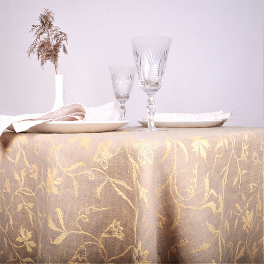 Grey - yellow - floral - linen tablecloth