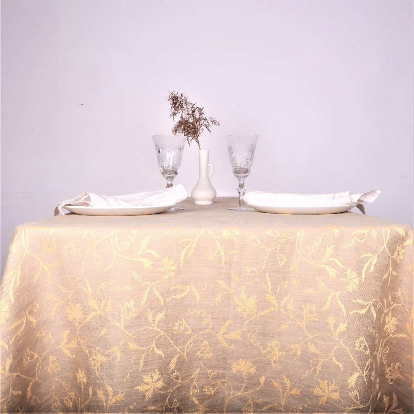 Grey - yellow - floral - linen tablecloth