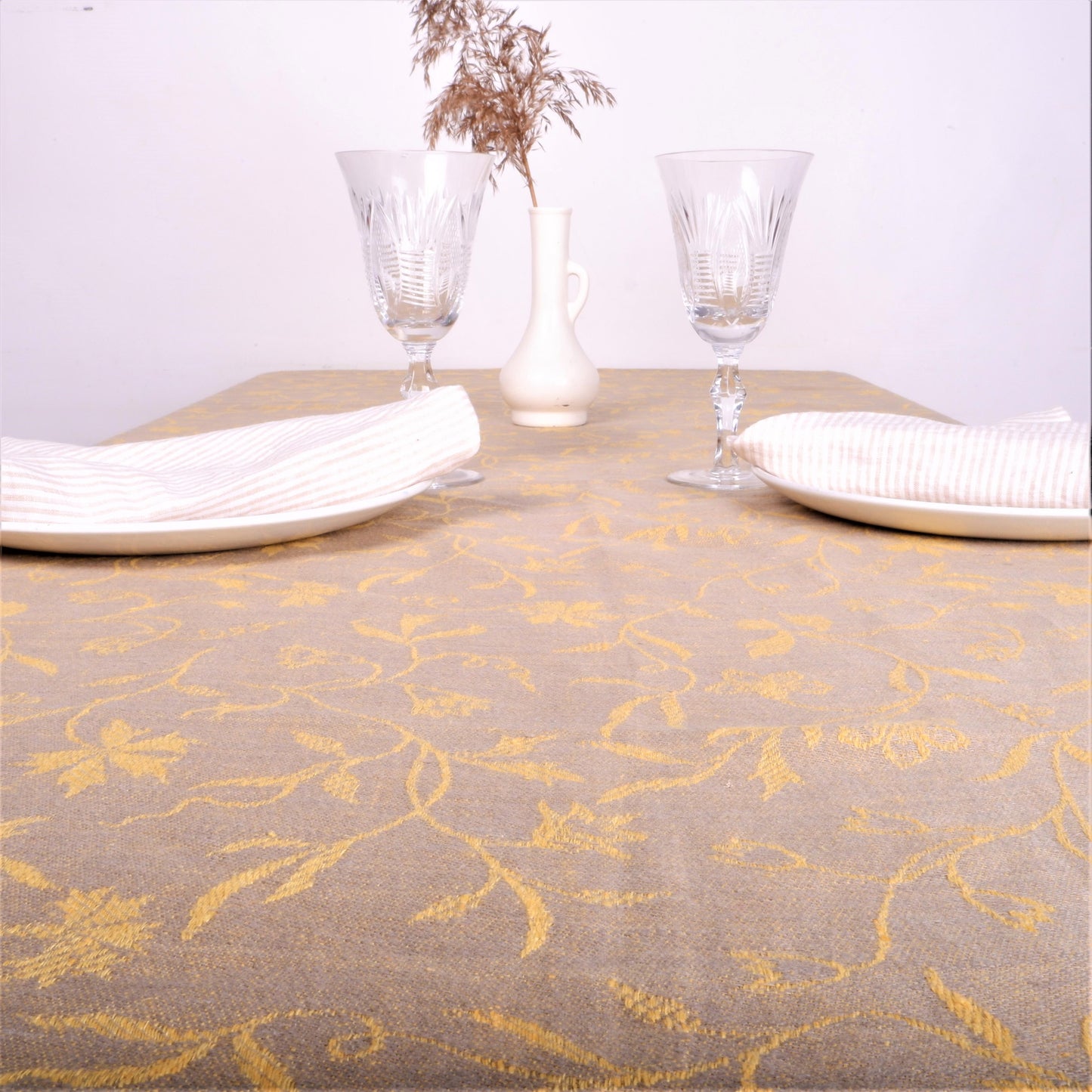 Grey - yellow - floral - linen tablecloth