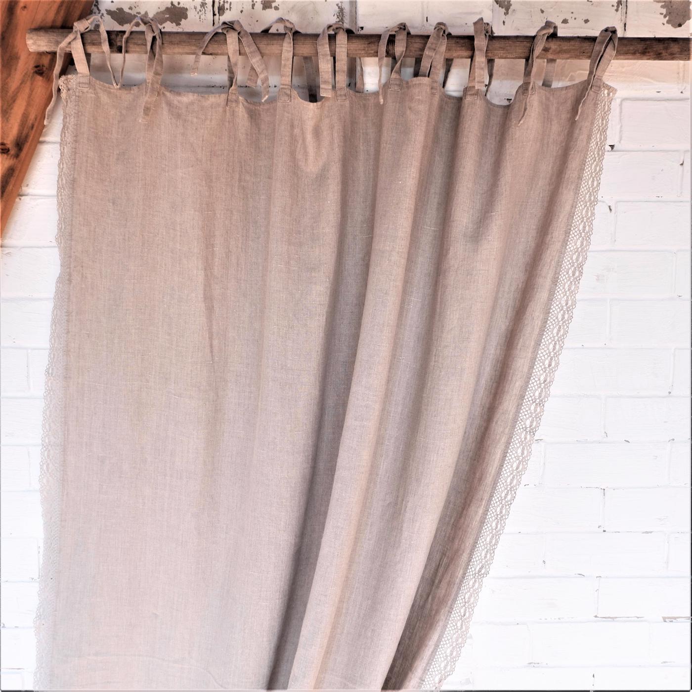 Lace linen curtains - Natural with lace edges - with ties